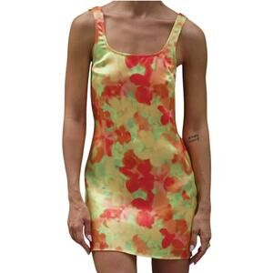 Rumored Monaco Mini Dress Bohemia Satin Tank Green Red Yellow Watercolor Small